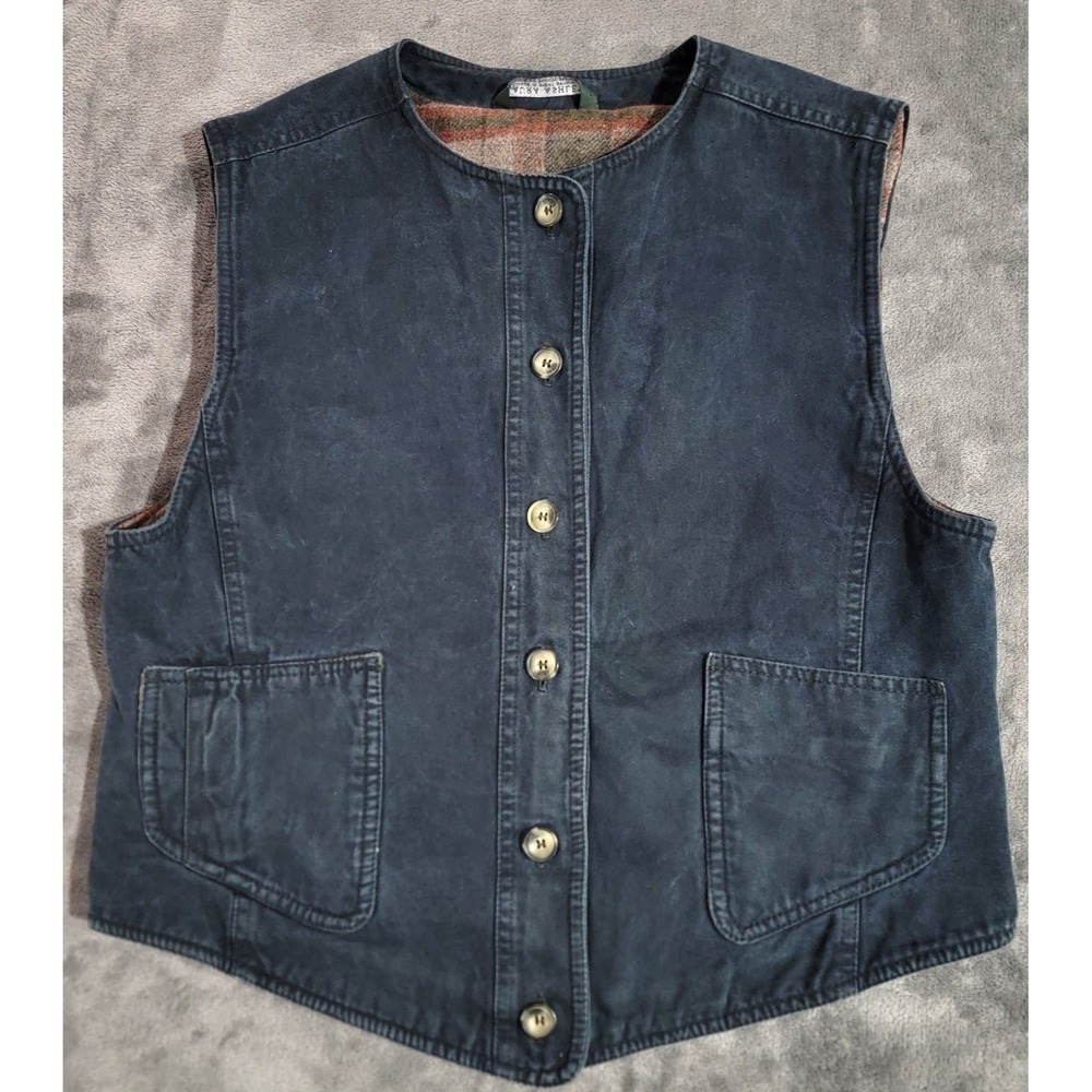 Laura Ashley Vest Womens 12 Blue Wool Blend Canvas Plaid Lined VTG Pockets